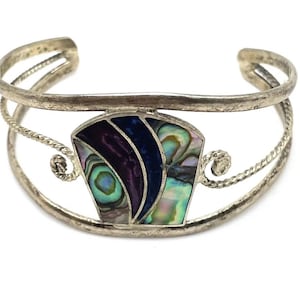 Vintage Alpaca Mexico Silver Colorful Abalone Inlay Shell Openwork Cuff Bracelet