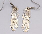 Yeibichai PowWow Dancers Rustic Primitive Dangle Earrings, Navajo Kachina Dolls Earrings, Etched Engraved Sterling Southwestern Folk Jewelry