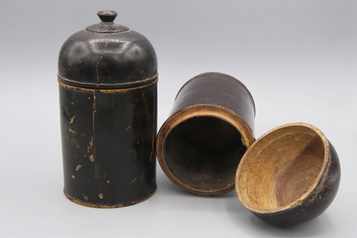 Set of Two Wooden Canisters, Vintage 60s Tribal Medicine Containers, Round Cylinder Box With Lid, Handmade Betel Nut Powder Boxes Bottles $76.00
