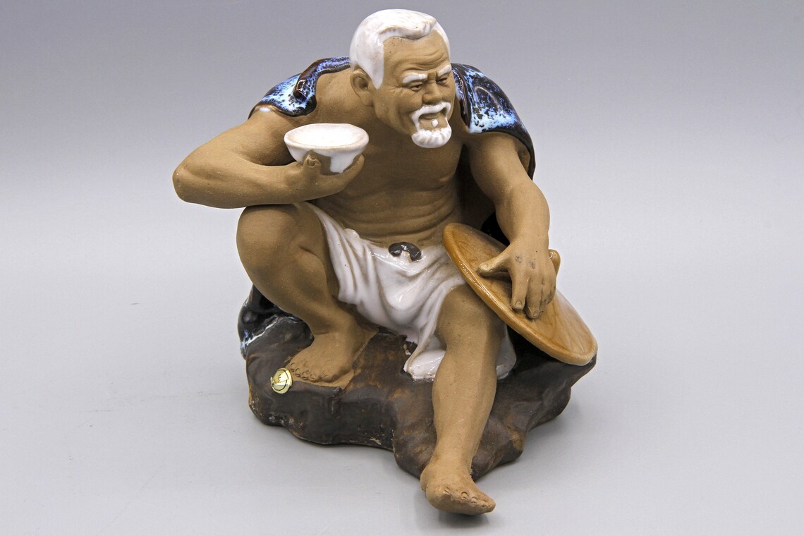 Bearded Old Man Drinking Tea, Asiatic Farmer Sitting On Rock, Shiwan Chinese Mudman Figurine Vintage Mid Century Handmade Ceramic Sculpture