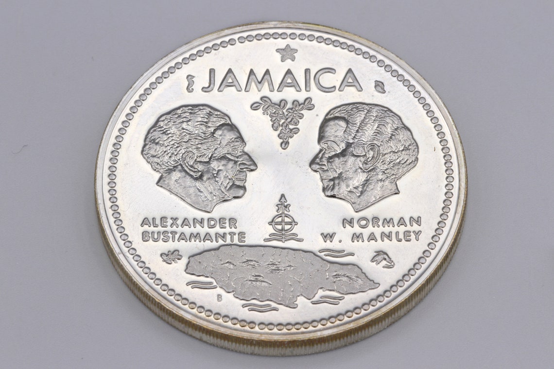 1972 Jamaica Proof High Grade Sterling Silver 10 Dollars, 10th Anniversary Of Independence Coin Mint State, Bustamante Manley Profile Cameo