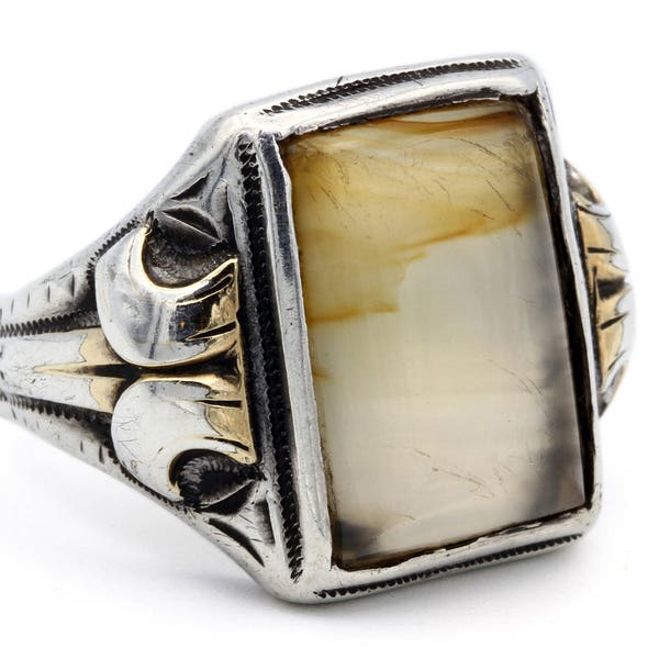 Dendritic Agate Mens Ring, Ostby Barton, Antique 1900s Jewelry, Signed OB Sterling, 925 Silver Band Ring, Bold Large Mens Ring, Ring Size 8