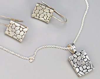 Geometric Sterling Silver Jewelry Set Square Pebble Textured Design, Pendant Necklace And Earrings, Minimalist Modern Fashion Accessories