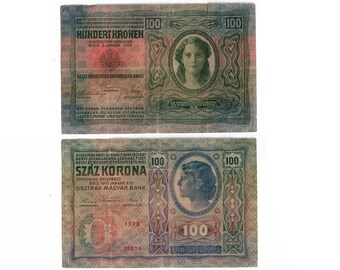 Antique 1912 Austrian Hungarian Empire 100 Kronen Banknote Bill, Emperor Franz Joseph I, Standard Circulated Currency Money, 100 Husz Korona