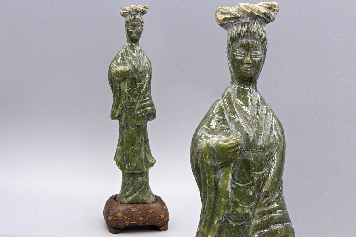 Jade Guanyin Goddess of Mercy Figurine, Tall Green Serpentine Stone Hand Carved Sculpture, Slim Dancer With Stand Bodhisattva Avalokitesvara