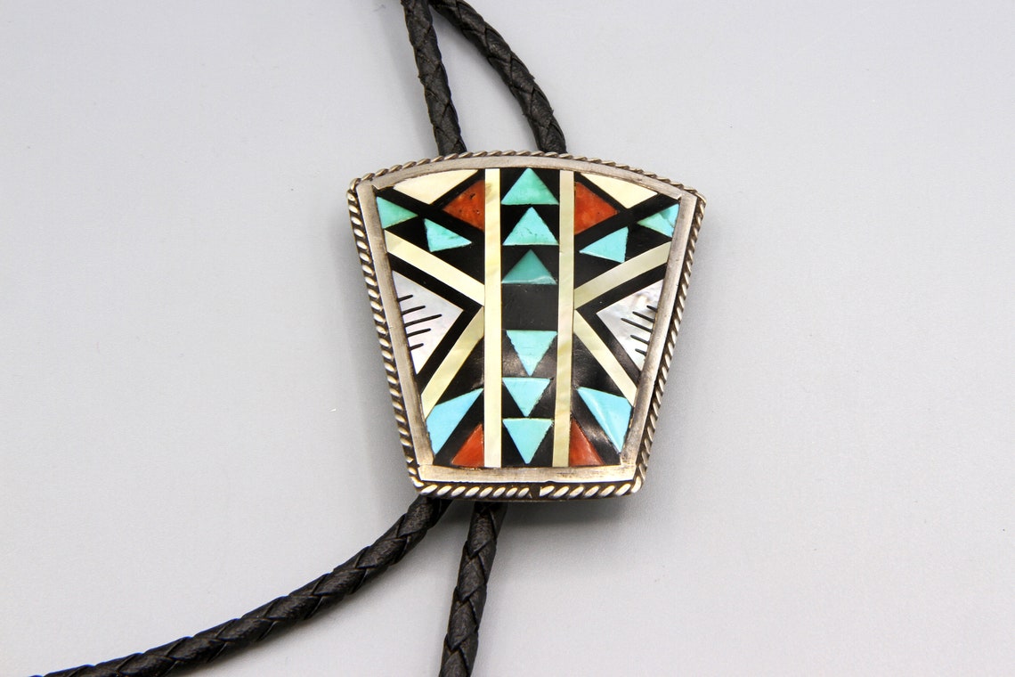 Native American Bolo Tie, Multi Color Gemstone Inlay Bolo, Geometric Abstract Mosaic Pattern, Zuni CM Booqua Jewelry, Mens Suit Accessories