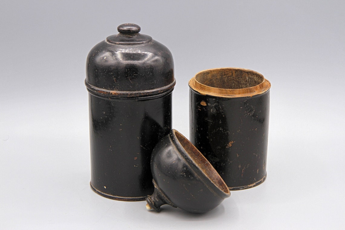 Vintage 60s Medicine Containers, Set of Two Wooden Canisters, Boho Chic Kitchen Decor, Handmade Betel Nut Powder Round Cylinder Box With Lid
