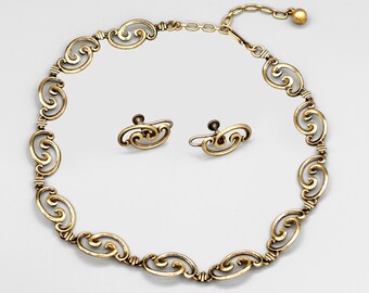 Symmetalic Jewelry Set Of Necklace And Earrings, 14 Karats Gold Overlay Silver, Fine Sterling Womens Jewelry, Art Nouveau Fashion Jewelry