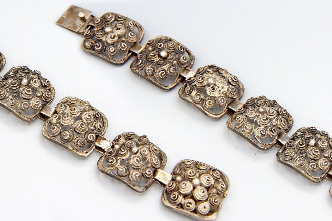 Vintage Panel Link Bracelet, 800 Silver Scroll Bracelet, Squared Panels And Bar Links, Flora Motif Scroll Filigree, Etruscan Revival Jewelry