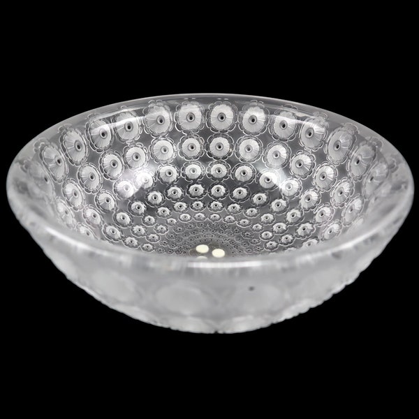 Rene Lalique Crystal Centerpiece Bowl In Art Deco Nemours Pattern. Originally Designed In 1929. Crafted In Clear And Frosted Carved Glass