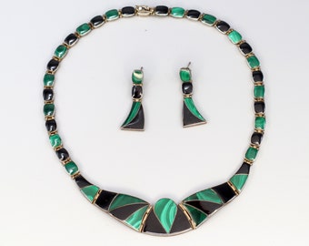 Necklace And Earrings Set, Sterling, Black Onyx And Green Malachite Inlaid Mosaic On Hinged Sterling Settings, Art Deco Style Jewelry Set