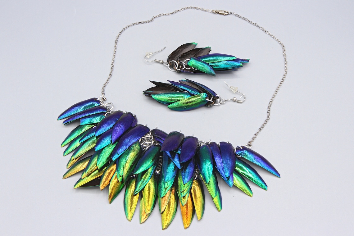 Real Beetle Wings Jewelry, Dangle Earrings And Bib Necklace, Sterling Chain Mesh, Deep Emerald Green And Iridescent Blue, Boho Chic Hippie
