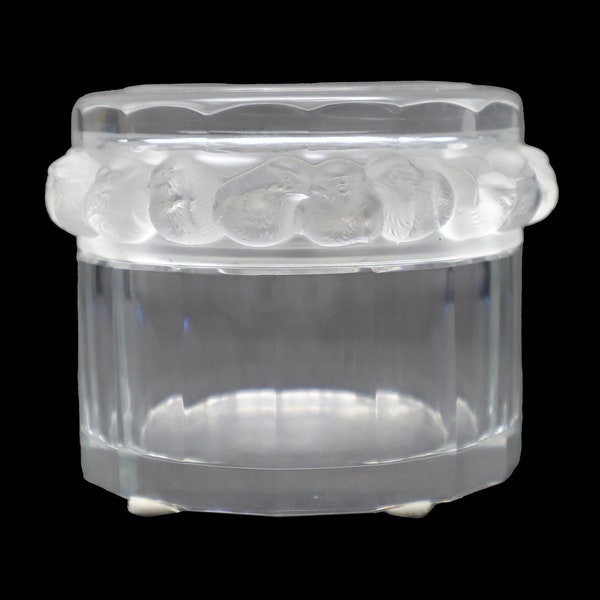 Rene Lalique Crystal Dresser Box Canister Or A Vanity Powder Jar In The Robinson Pattern With Relief Frosted Glass Sparrows To The Upper Rim