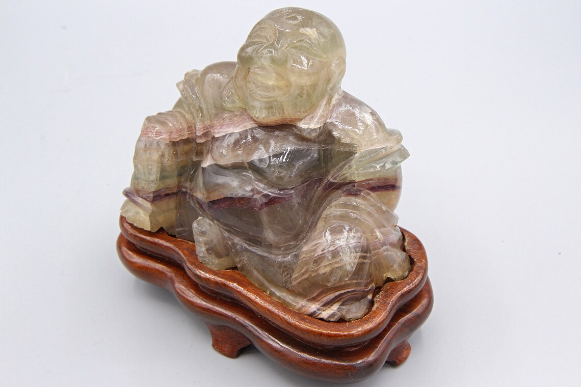Hand Carved Agate And Fluorite Buddha, Small Buddha With Stand, Banded Quartz Figurine, BUDAI Monk Maitreya Bodhisattva, Chinese Export Art