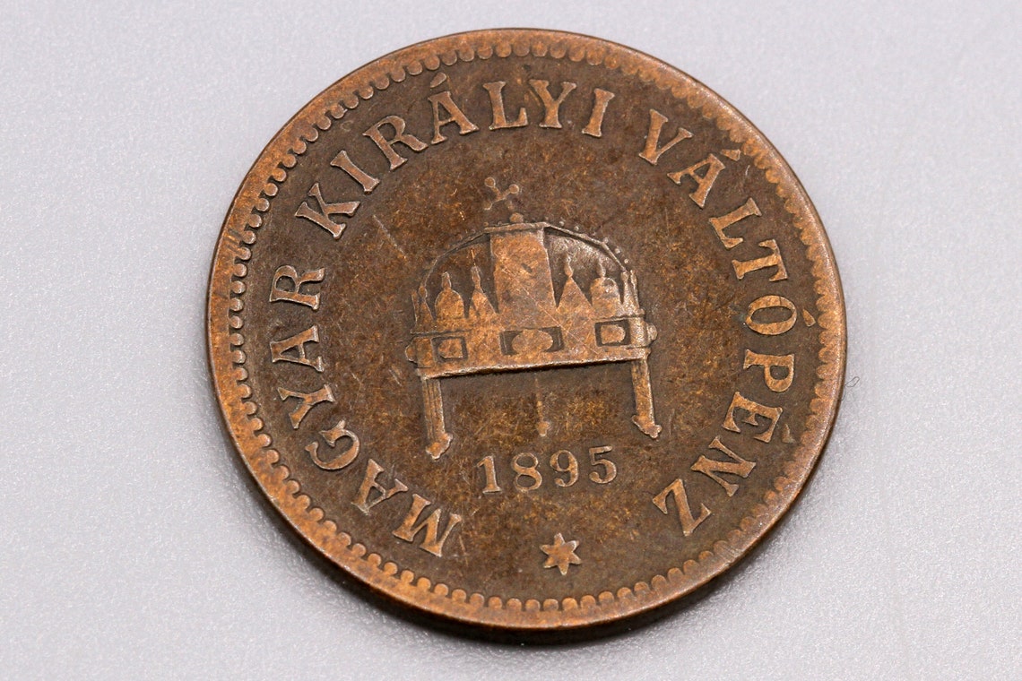 Magyar Kiralyi Valtopenz 1895, Antique 1890s Austria Hungary Empire 2 Filler Korona Coin, Small Bronze Metal Coin, XIX Century Numismatics