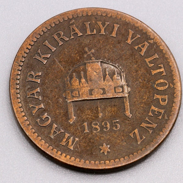 Magyar Kiralyi Valtopenz 1895, Antique 1890s Austria Hungary Empire 2 Filler Korona Coin, Small Bronze Metal Coin, XIX Century Numismatics