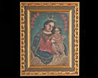 Antique 1800s Baroque Painting Retablo Our Lady Mary Refuge of Sinners, Mexico Early 19th Century Art, Tin Metal Ex Voto Icon, Jesus Child