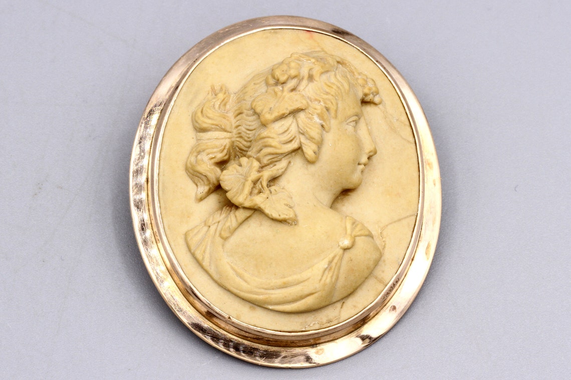 Victorian 1870s Carved Lava Cameo Brooch Pin, 10 Karat Rose Gold Bezel Setting, High Relief Female Profile Portrait Italy Grand Tour Jewelry