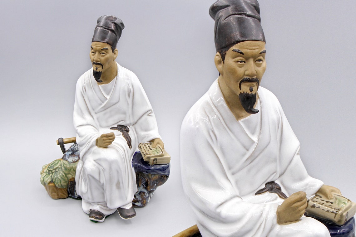 Bearded Man With a Book, Asiatic Confucius Scholar Sitting On A rock, Shiwan Chinese Mudman Ceramic Figurine, Notary Official Man With Hat