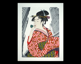 Japanese Geisha In New York, Michael Jay Knigin, Postmodern Oriental Asian Graphic Arts, Vintage 1980s Serigraph Print, Grand Central NYC