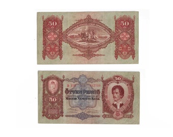50 Pengo 1932 Standard Banknote Hungary, Regency Of Nicolas Horthy, Vintage Paper Money, Europe Between World Wars, Bust of Petofi Sandor