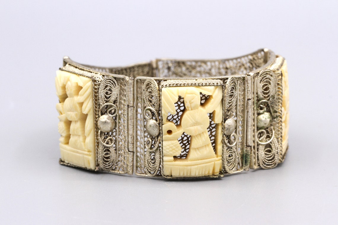 Chinese Sanxing Good Luck Gods, Antique Chinese Export Panel Bracelet, Oriental Carvings Art High Reliefs, Art Deco Silver Filigree Bracelet