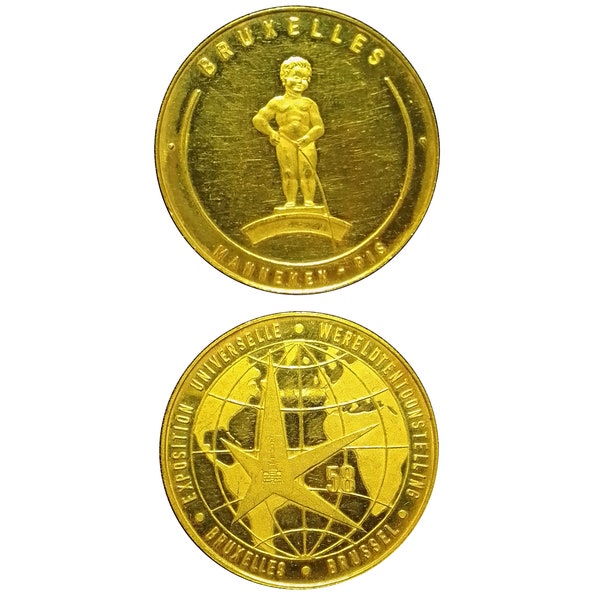 900 Gelbgold 22 Karat, Belgien Manneken Pis 1958 Brüsseler Weltausstellung GOLD Münze Offizielle Medaille RAR, Numismatics Exonumia. Unzirkuliert