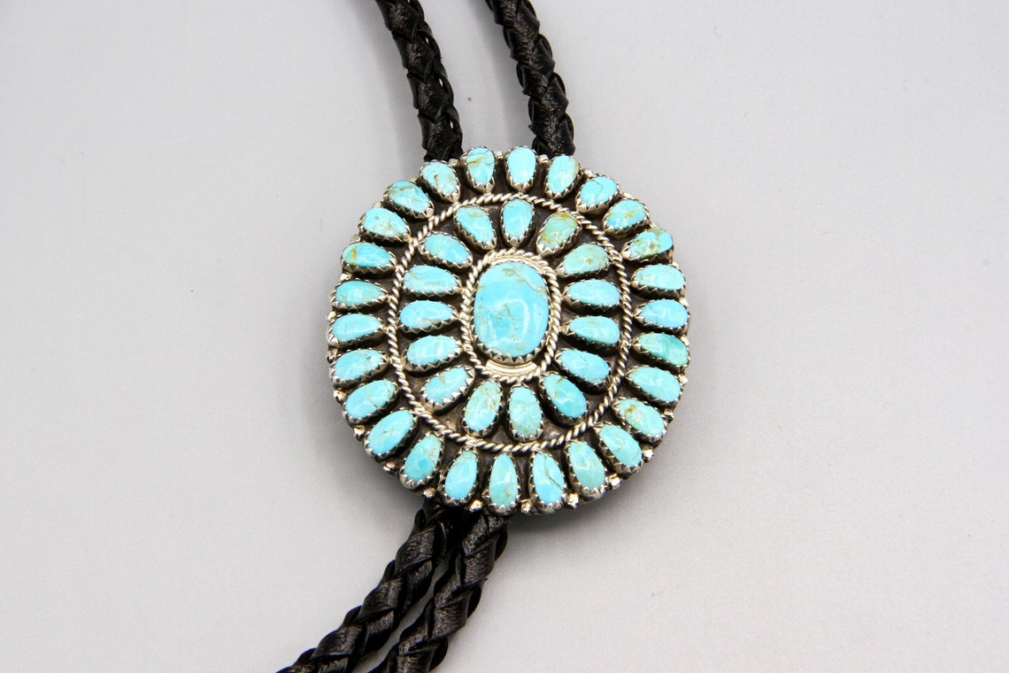Navajo Native American Bolo Tie, Larry Moses Begay, Blue Turquoise Gemstone Necklace, Turquoise Cluster Petit Point Jewelry Suit Accessories