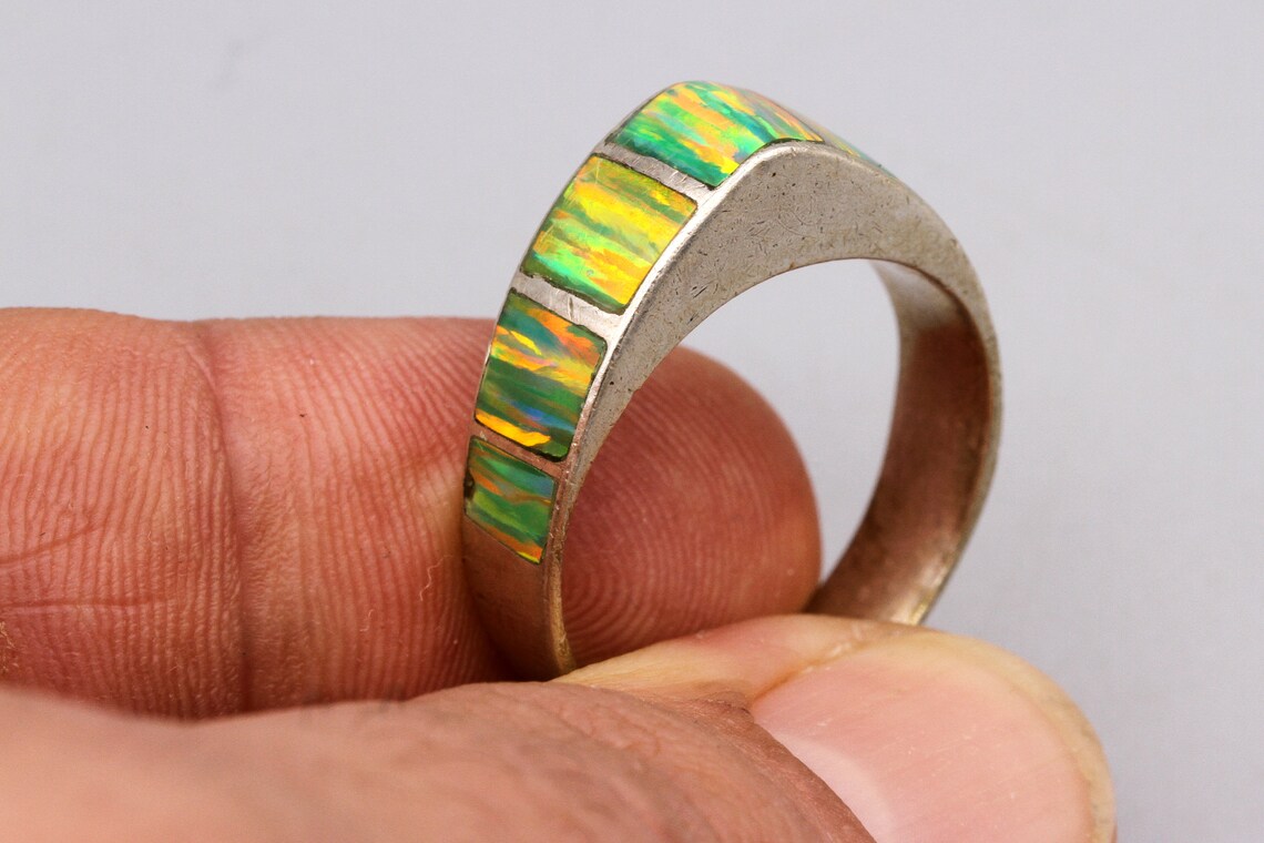 Modern NK Sterling Ring, Green Fire Opal Sterling Mens Ring, Handmade Rustic Unisex Ring Size 11 And Half, Native American Fashion Jewelry