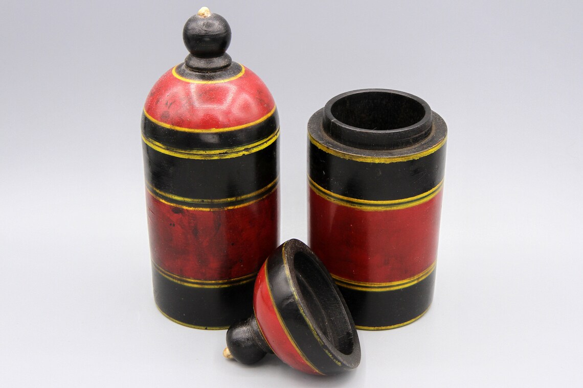 Set of Two Wooden Canisters, Red And Black Stripped Bottles, Vintage 60s Medicine Containers, Round Cylinder Box With Lid, Rustic Vanity Set