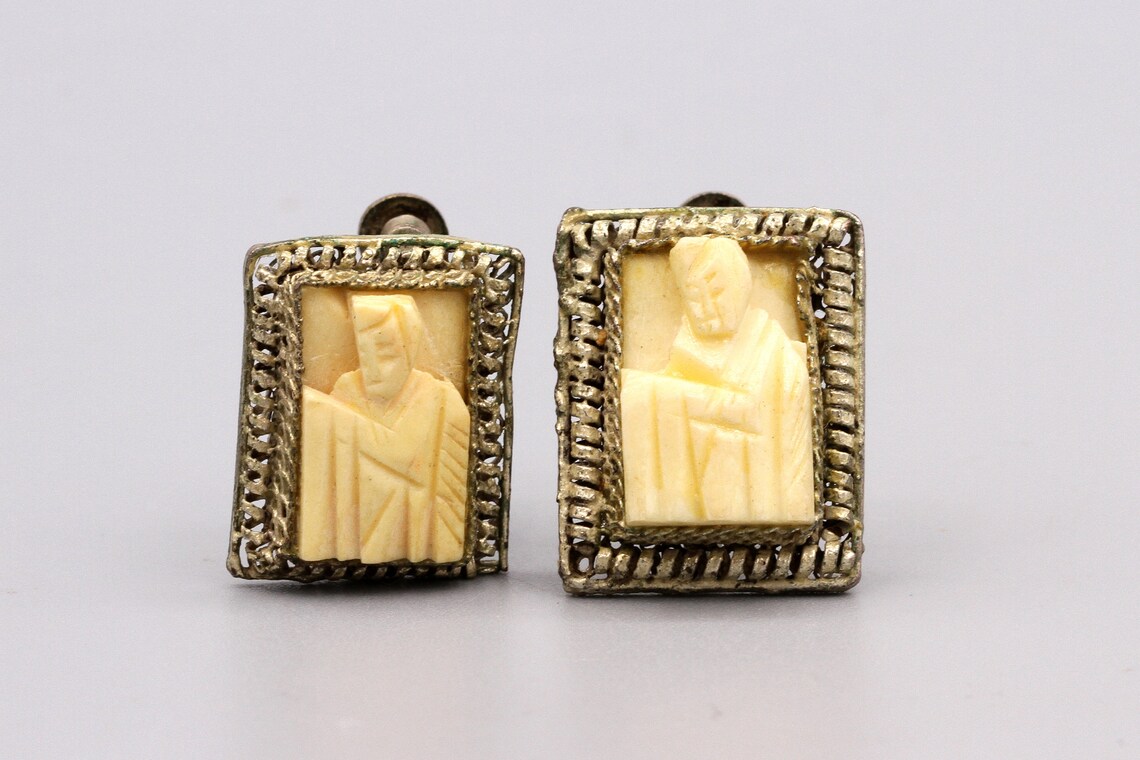Sanxing Good Luck God, Antique Chinese Export Earrings, Old Oriental Carvings Art Earrings, 800 Silver Gold Tone, Naive High Relief Artwork
