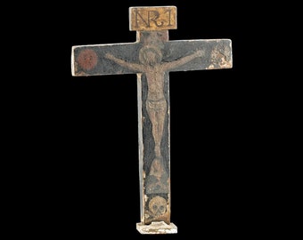 Antique Mexico 19th Century Art Hand Carved And Painted Wooden Crucifix Known As La Cruz de las Animas or The Cross of Souls, Rare Piece