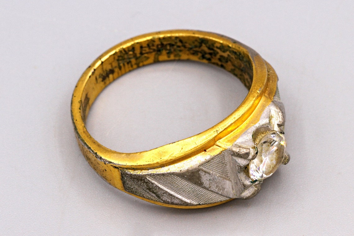 Mens Ring Size 12 And Half, 14KT Electroplate Solitaire Band Ring With Cubic Zirconia, Textured Two Colors Ring, Gold And Silver Jewelry