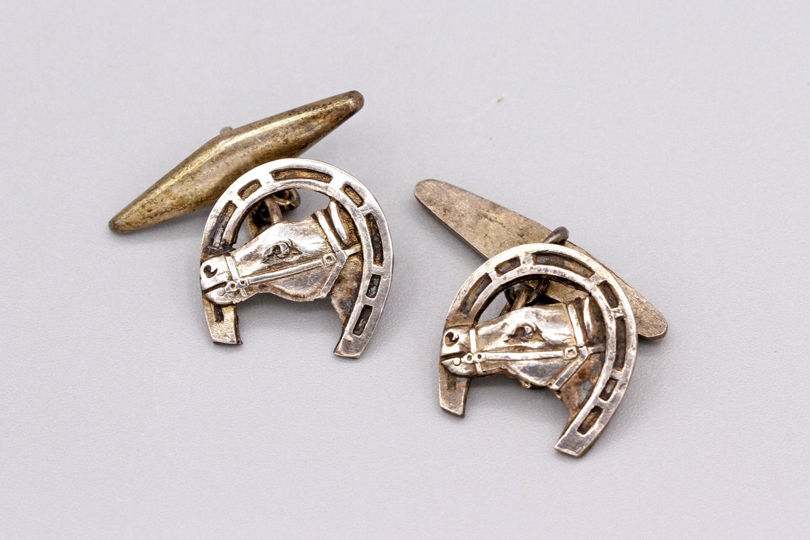 Horse Head Figural Cuff Links, Horseshoe Good Luck Cufflinks, Old Vintage 30s Mens Jewelry Fashion Accessories, Equitation Equestrian Sports