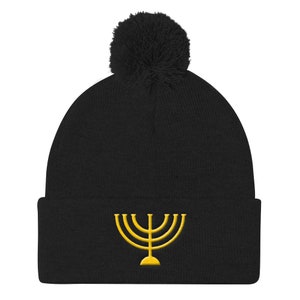 Gold Menorah Beanie Pom Pom Knit Cap Logo Hat Athletic Urban Wear Gift Urban Apparel Ball Cap Dad Hats Bucket Hats Dad Caps Hebrew Cap