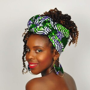 Envoltura para la cabeza africana Taifa, envoltura para la cabeza Ankara, verde y púrpura, corbata para la cabeza con estampado de cera, corbata africana, pañuelo para la cabeza ankara, turbante africano