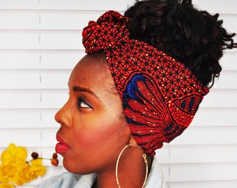 Akua Twist headband, Wired Headbands, Wide Headbands, Dolly Bow Headband, Rockabilly headband, African Print Orange and Blue Wired Headwrap