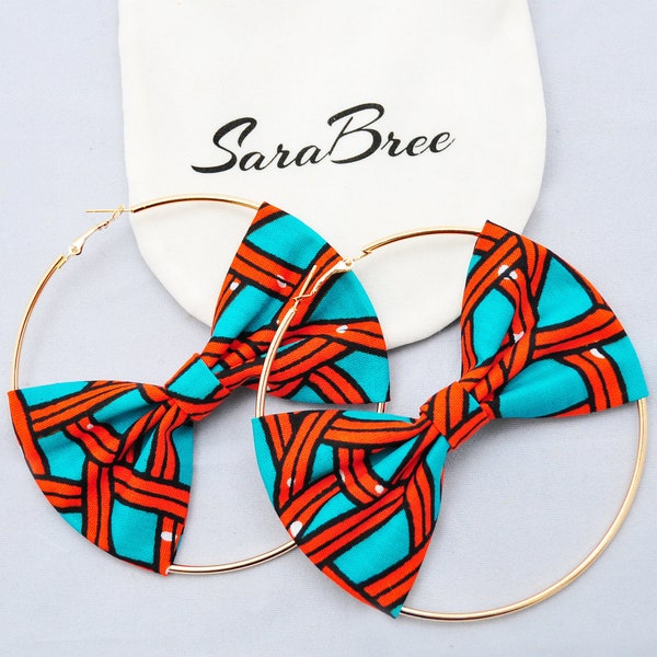 Tafo African print bow hoop earrings, gold plated, Ankara print earrings, orange and blue funky hoop earrings