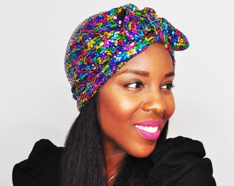 Rainbow Sequin Sparkly Bow Turban, Head wrap, multicolour Boho Turban, Ready wrap, Turban headband women, Chemo Hat, Turban Headband Women