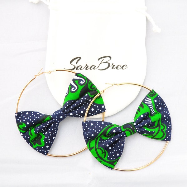 Créoles à imprimé africain Tafi, plaquées or, boucles d'oreilles à imprimé Ankara, bleu marine, vert, blanc, polka, créoles funky