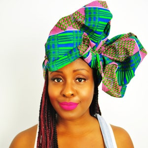 Tasano African head wrap, Ankara head wrap, Green and Pink, wax print head tie, African headtie, ankara head scarf, African turban
