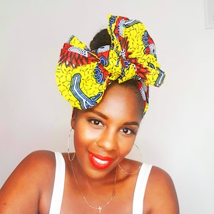 Adenta African head wrap, Ankara head wrap, yellow red navy blue, wax print head tie, African headtie, ankara head scarf, African turban