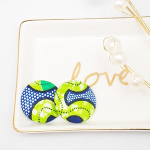 Tamale Africa fabric covered earrings, Ankara earrings, green, blue, button earrings, gift for women, Funky earrings, boho, clip on