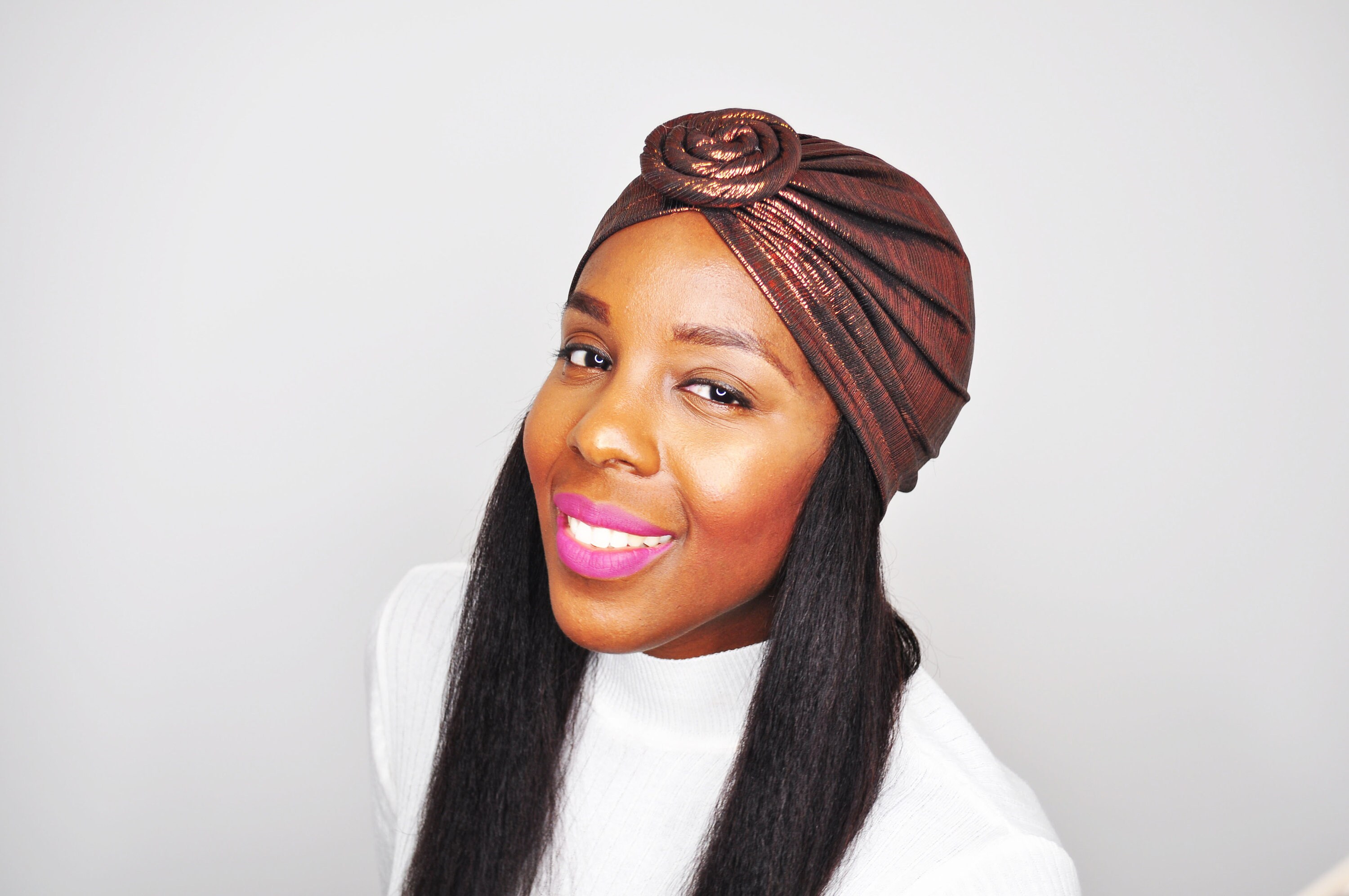 Satin Braided Turban Headwrap in Bronze Bronze headscarf. Crafted from a nylon lightweight stretch  main image 3