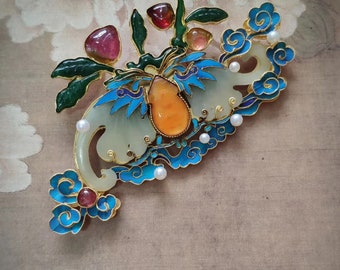 Kingfisher feather natural jade brooch