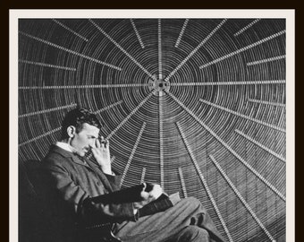May include: A black and white photo of a man sitting in a chair in front of a large, circular, metal structure. The man is wearing a suit and tie and has his hand on his chin. He is looking down at something in his lap.