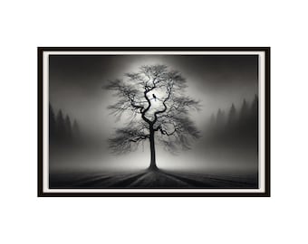 May include: A black and white photograph of a lone tree silhouetted against a foggy background. A small red bird perches on a branch.