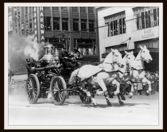 Op de afbeelding: Een zwart-witfoto van een vintage brandweerwagen die een team van drie witte paarden trekt. De brandweerwagen trekt een slang en heeft een grote stoommachine achterin. De paarden trekken een wagen met een groot houten bord waarop "Shaw Building" staat.