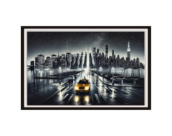 May include: A yellow taxi cab drives down a city street at night with a black and white cityscape in the background.