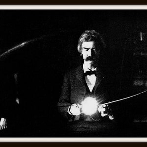 Vintage historiskt foto Mark Twain i Teslas labb, reproduktion foto vintage oramat